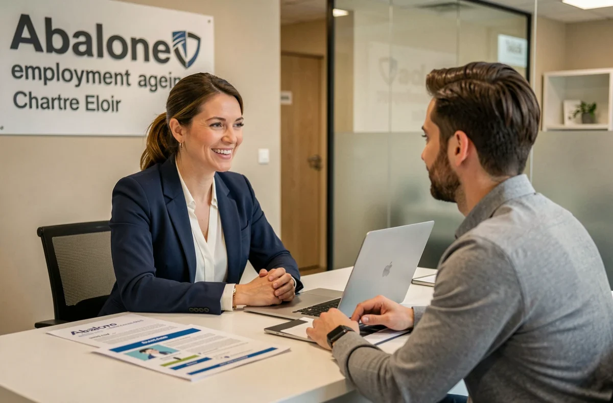 Conseillère Abalone Agence d'Emplois en entretien de recrutement avec un candidat dans les locaux de Chartres en Eure-et-Loir
