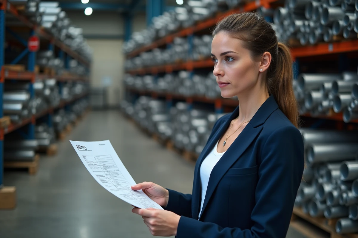 Responsable achats vérifiant les spécifications techniques de tubes inox dans un entrepôt industriel