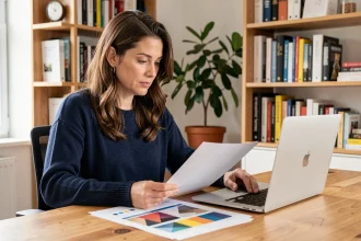 Femme au bureau adaptant un contenu imprimé en format numérique sur ordinateur portable