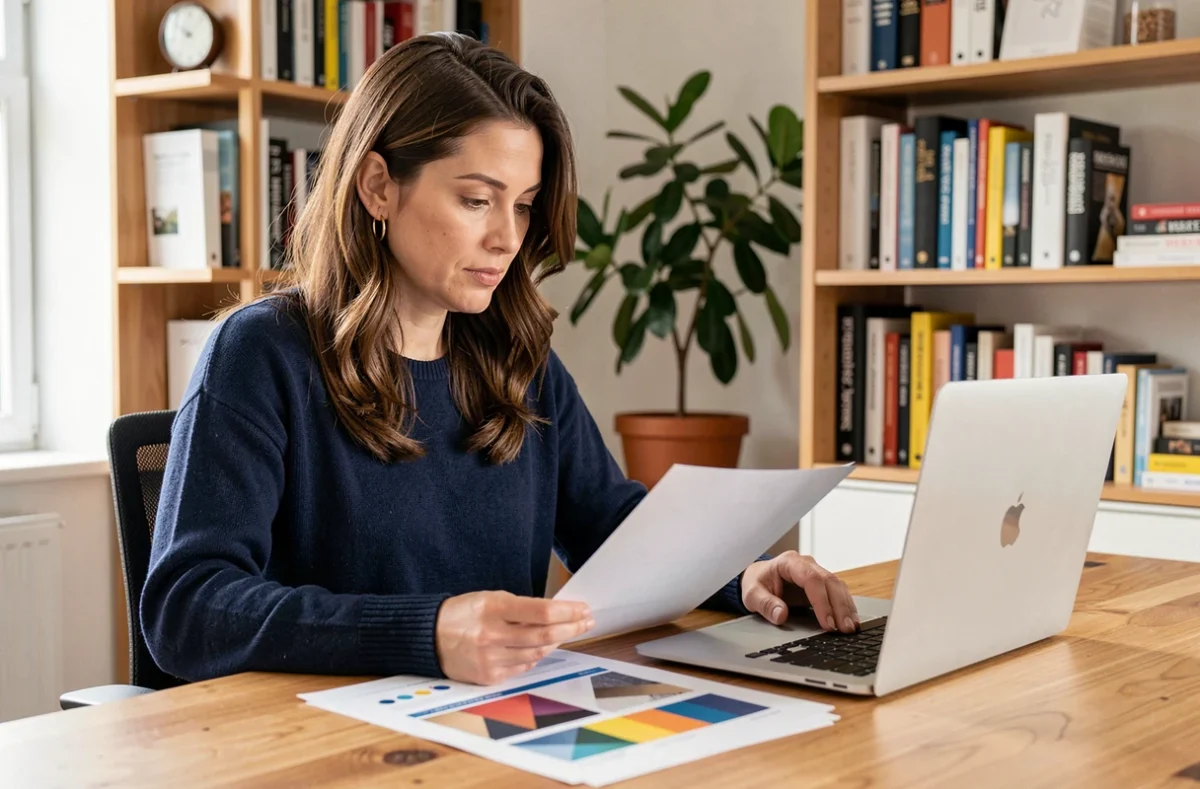 Femme au bureau adaptant un contenu imprimé en format numérique sur ordinateur portable