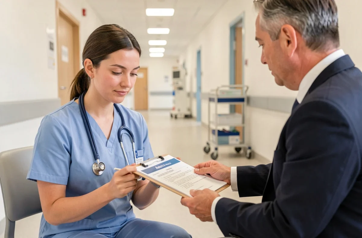 Infirmière intérimaire signant un contrat avec un consultant Adecco Médical dans un couloir d'hôpital en Centre-Val de Loire