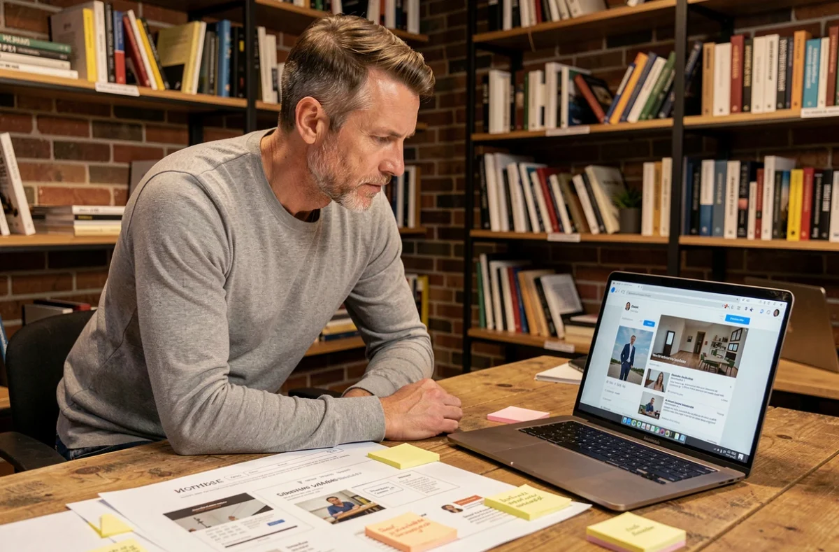 Designer web de Com'online concentré sur des maquettes de mise en page imprimées dans un studio créatif chaleureux