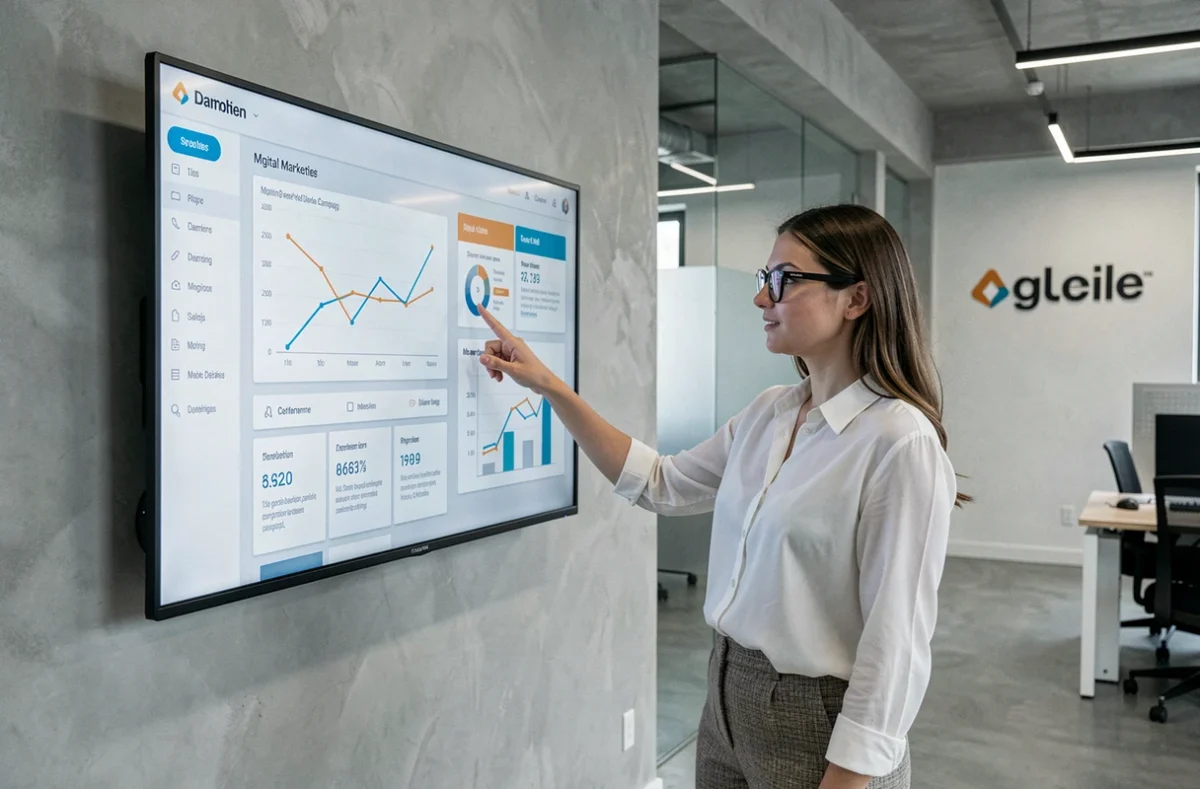 Stratège digitale de l'agence Digital I présentant des données analytiques sur un écran mural