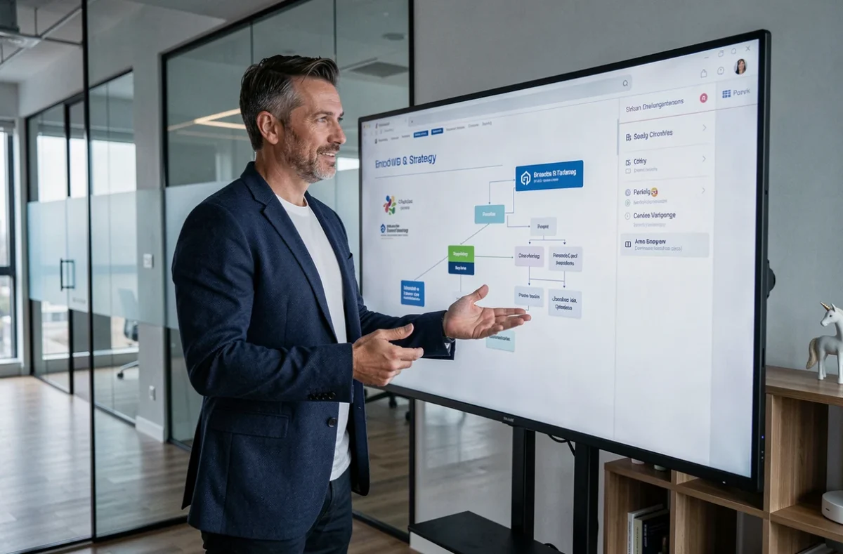 Entrepreneur web de l'agence Digital Unicorn présentant une stratégie digitale sur un écran tactile