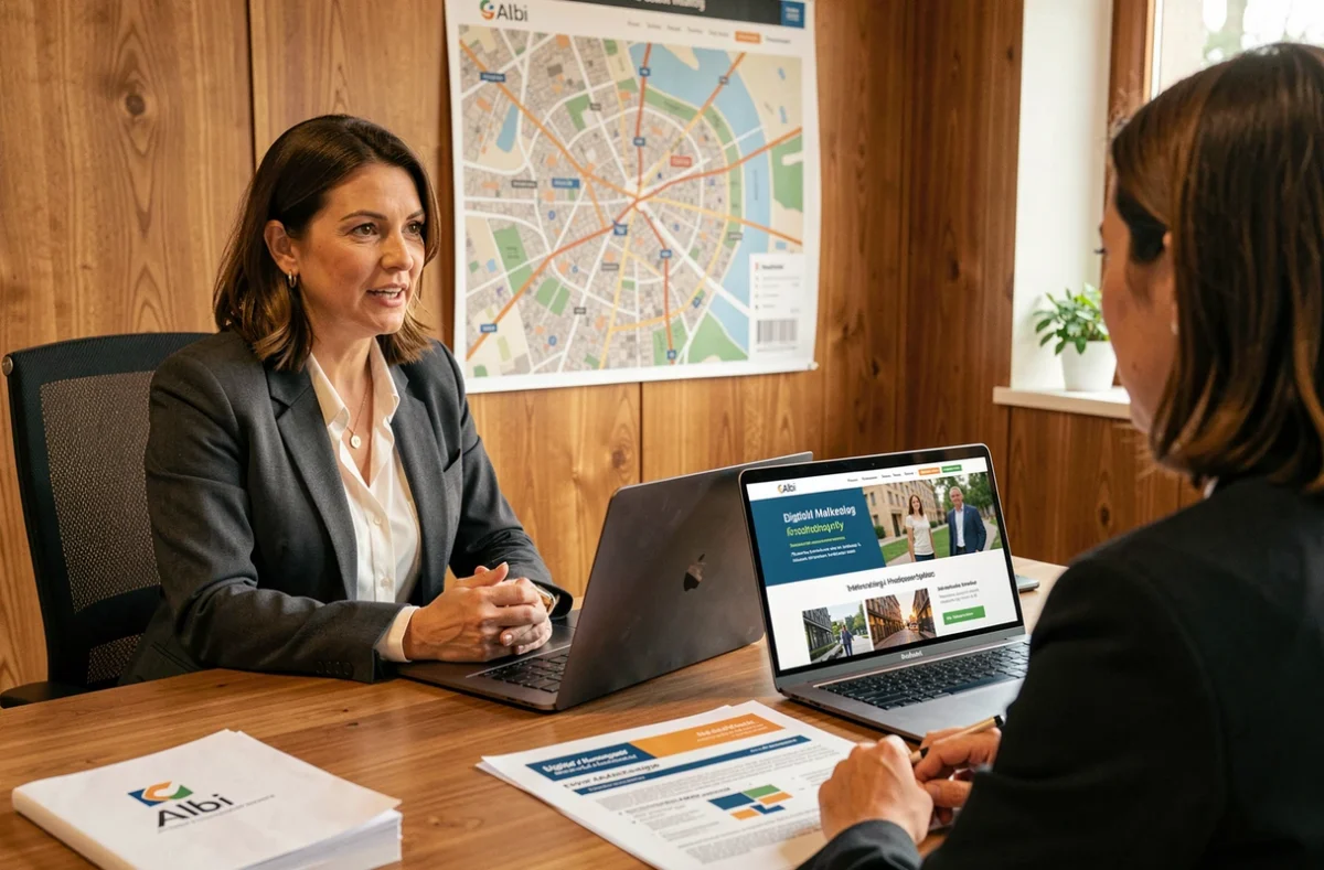 Chargée de clientèle de l'agence Linkeo Albi conseillant un entrepreneur local sur sa stratégie web