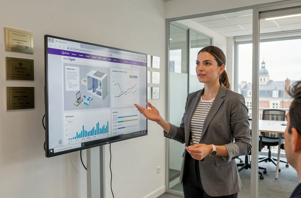 Chef de projet de l'agence Moove à Troyes présentant une stratégie de création de sites et de SEO à son équipe