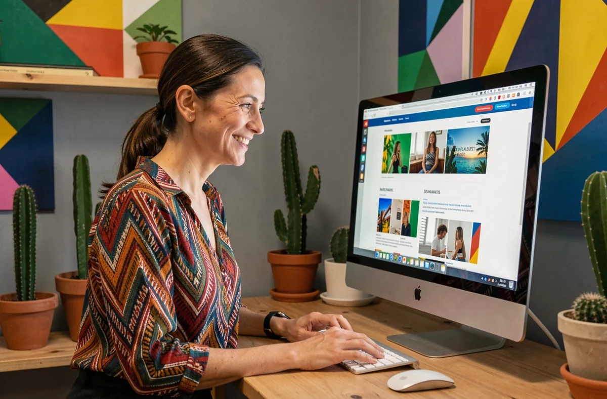 Directrice créative de l'agence Snazzy révisant des designs web colorés dans un studio moderne