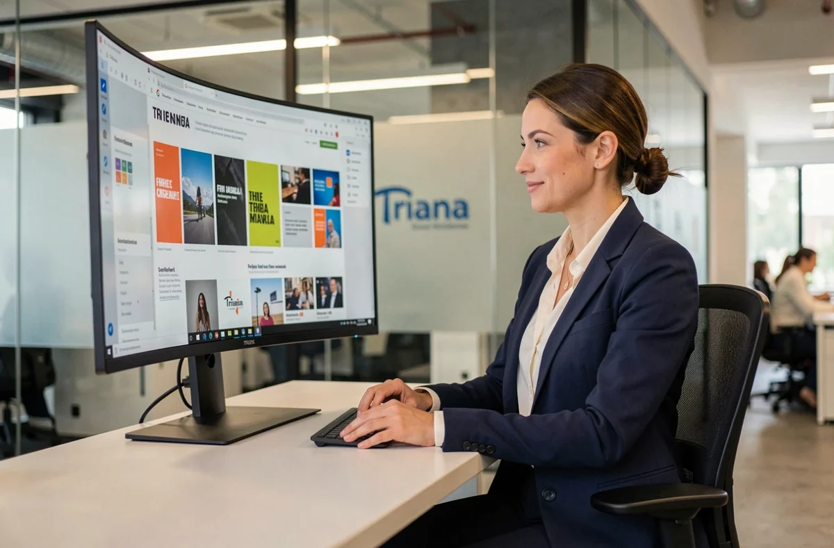 Professionnelle de l'agence Triaina travaillant sur un projet web devant un grand écran dans un bureau moderne à Grenoble