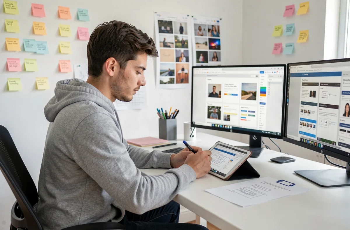 Designer UX de l'agence Webity créant des maquettes de sites web sur une tablette graphique