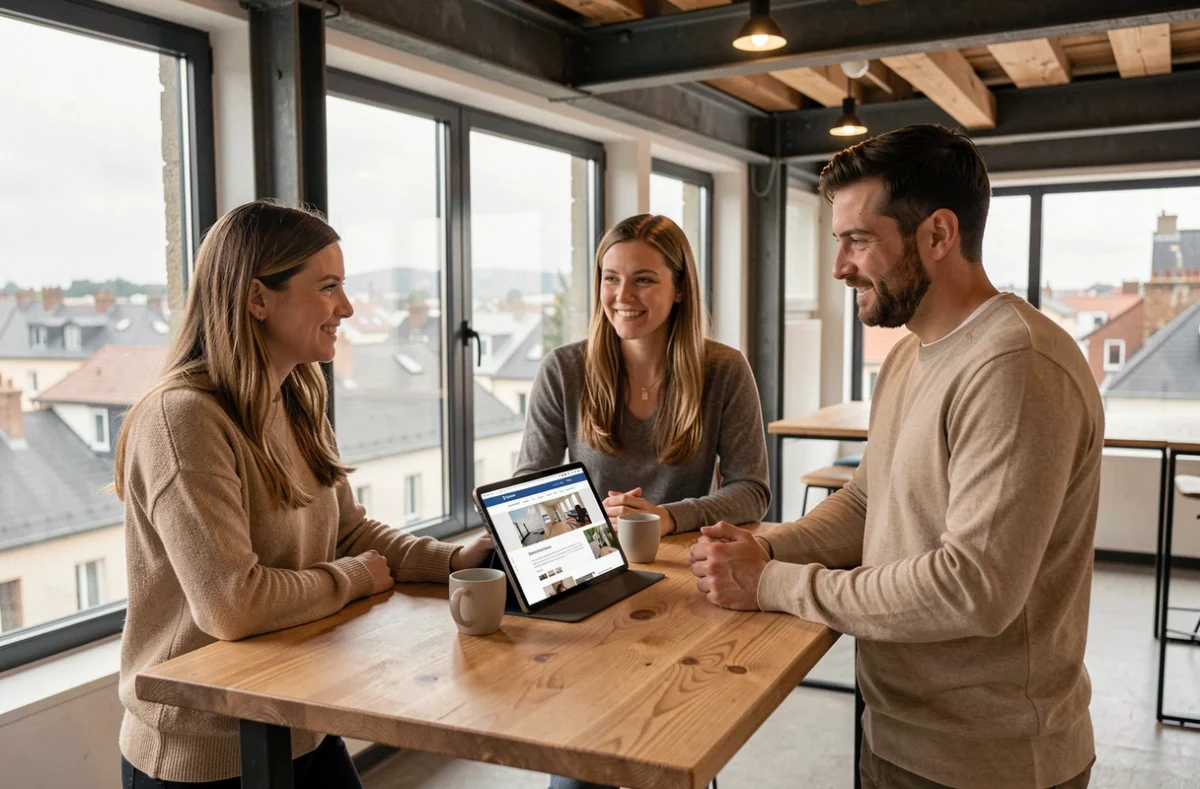Équipe de l'Agence WebM réunie autour d'une tablette affichant une conception de site mobile dans un espace de co-working moderne