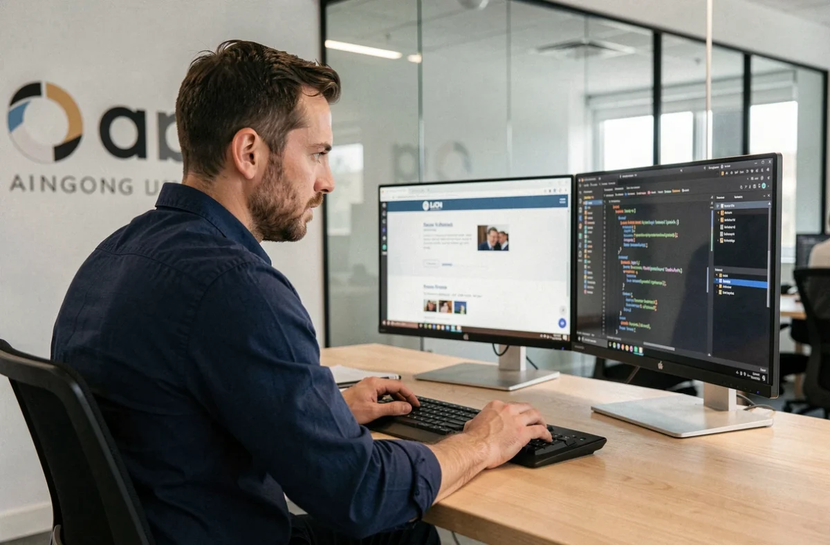 Développeur web de l'agence Younicom travaillant sur une interface digitale dans un bureau moderne