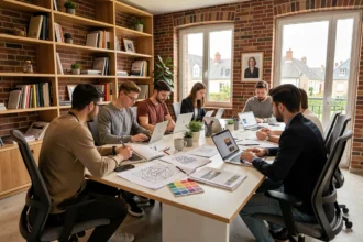 Équipe d'une agence de création de sites internet dans l'Aube travaillant en open space sur des projets web
