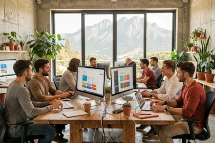 Équipe d'une agence web dans les Pyrénées-Orientales collaborant autour d'écrans de conception de sites internet