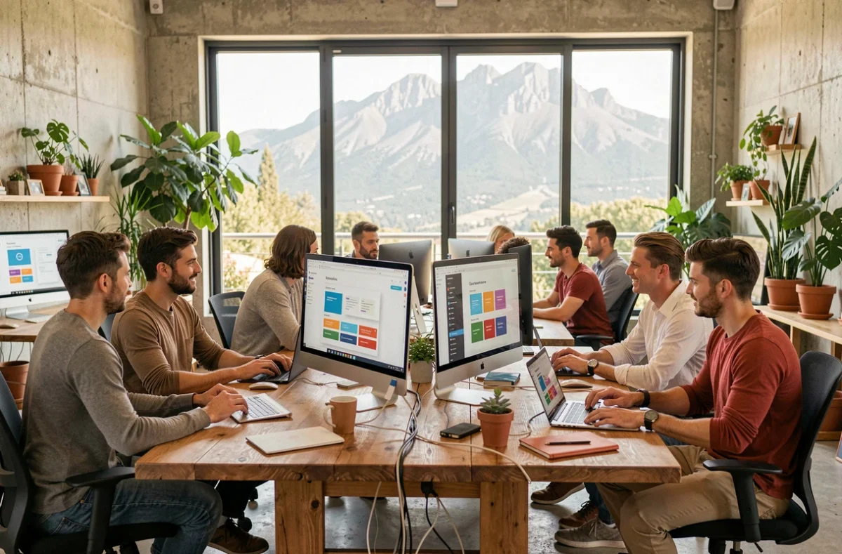 Équipe d'une agence web dans les Pyrénées-Orientales collaborant autour d'écrans de conception de sites internet