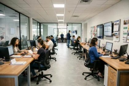 Vue d'ensemble d'une agence d'intérim en Centre-Val de Loire avec des conseillers en recrutement et des candidats en entretien