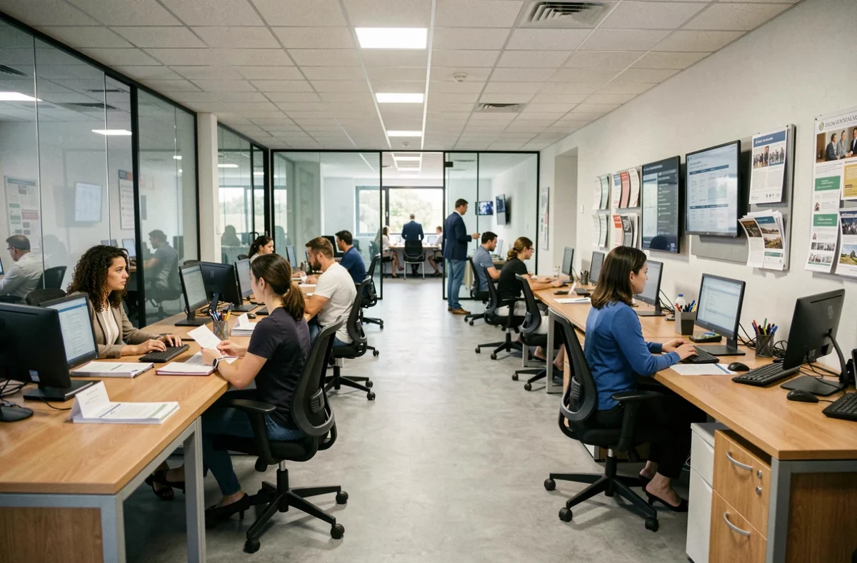 Vue d'ensemble d'une agence d'intérim en Centre-Val de Loire avec des conseillers en recrutement et des candidats en entretien