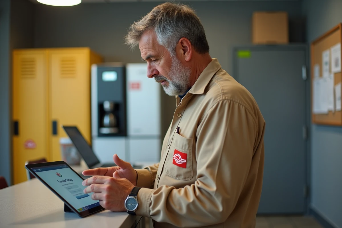 Agent postal consultant Ma Box RH sur tablette dans la salle de pause