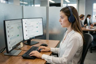 Agent de support client portant un casque audio travaillant sur une interface de chat en direct dans un bureau moderne en 2026