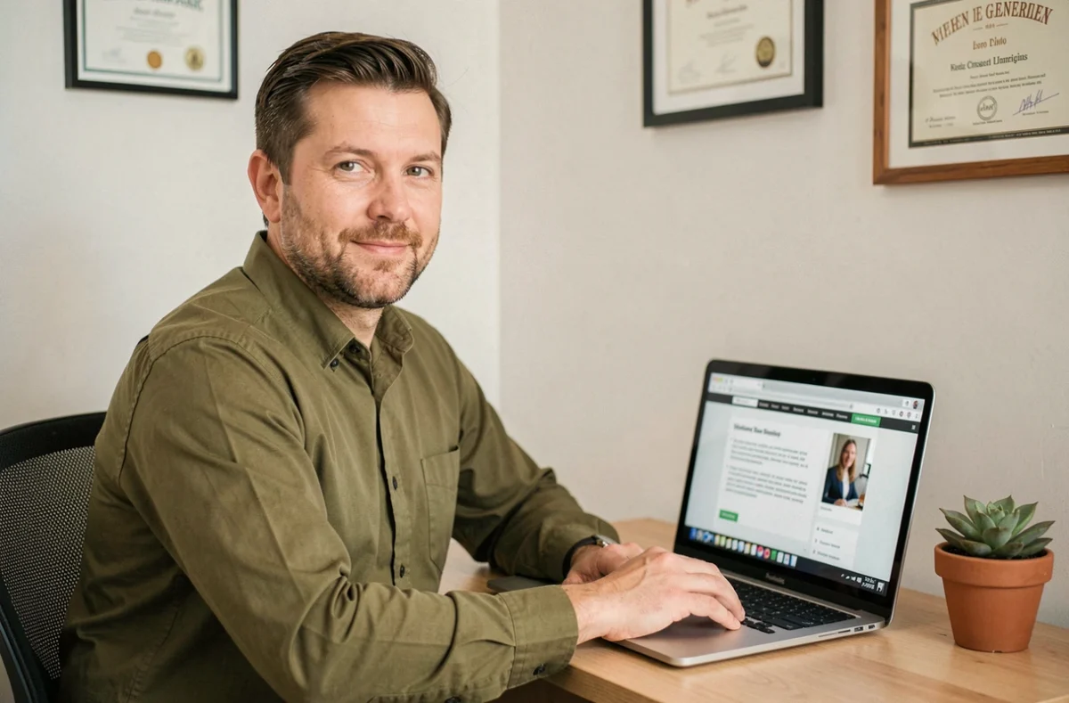 Consultant web indépendant Agnel T. dans son bureau à domicile avec un ordinateur portable affichant une proposition de site client
