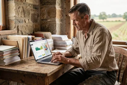 Agriculteur consultant le logiciel de gestion TERCIEL sur son ordinateur portable dans un bureau de ferme rustique