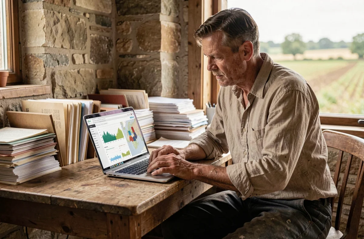 Agriculteur consultant le logiciel de gestion TERCIEL sur son ordinateur portable dans un bureau de ferme rustique