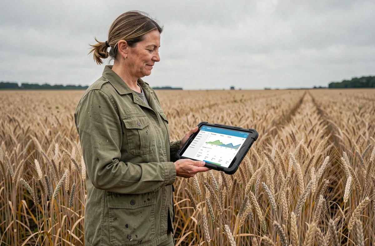 Agronome femme consultant une tablette avec un logiciel de gestion agricole au bord d'un champ de blé
