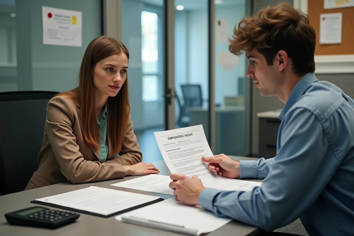 Deux étudiants en train d'analyser les clauses d'un contrat de travail étudiant dans un bureau RH