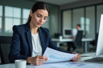 Femme analyste consultant des documents financiers officiels et bilans d'entreprise dans un bureau moderne