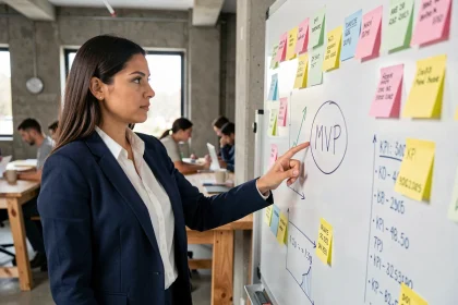 Cheffe de projet startup analysant les indicateurs MVP sur un tableau blanc avec des notes et graphiques dans un bureau moderne