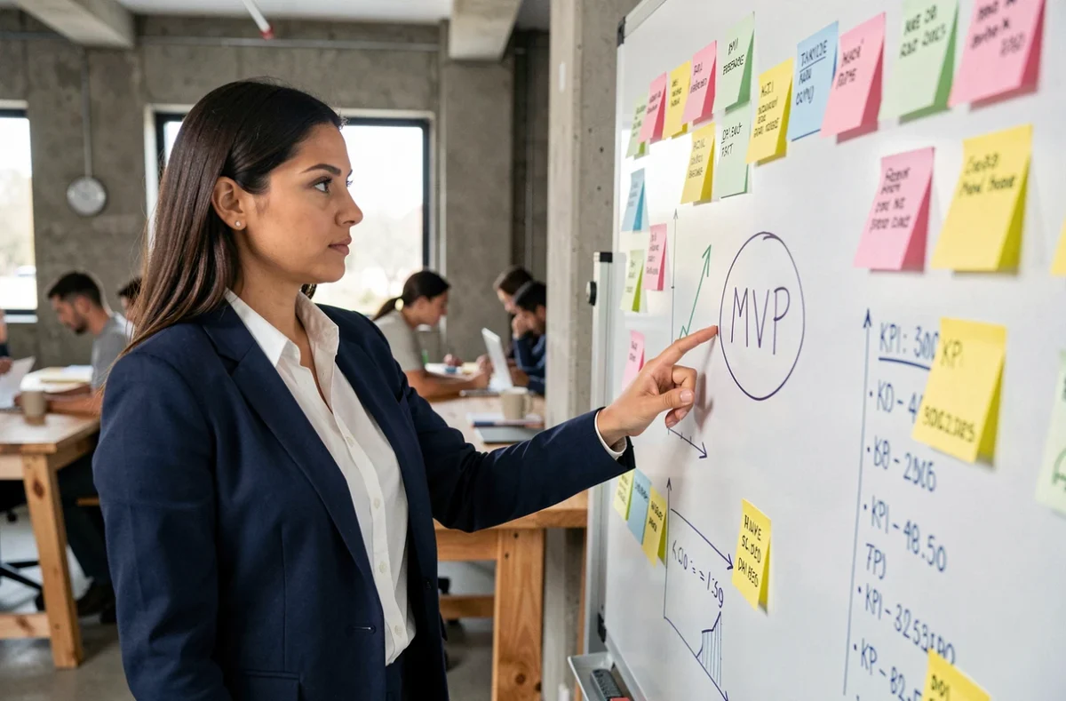 Cheffe de projet startup analysant les indicateurs MVP sur un tableau blanc avec des notes et graphiques dans un bureau moderne