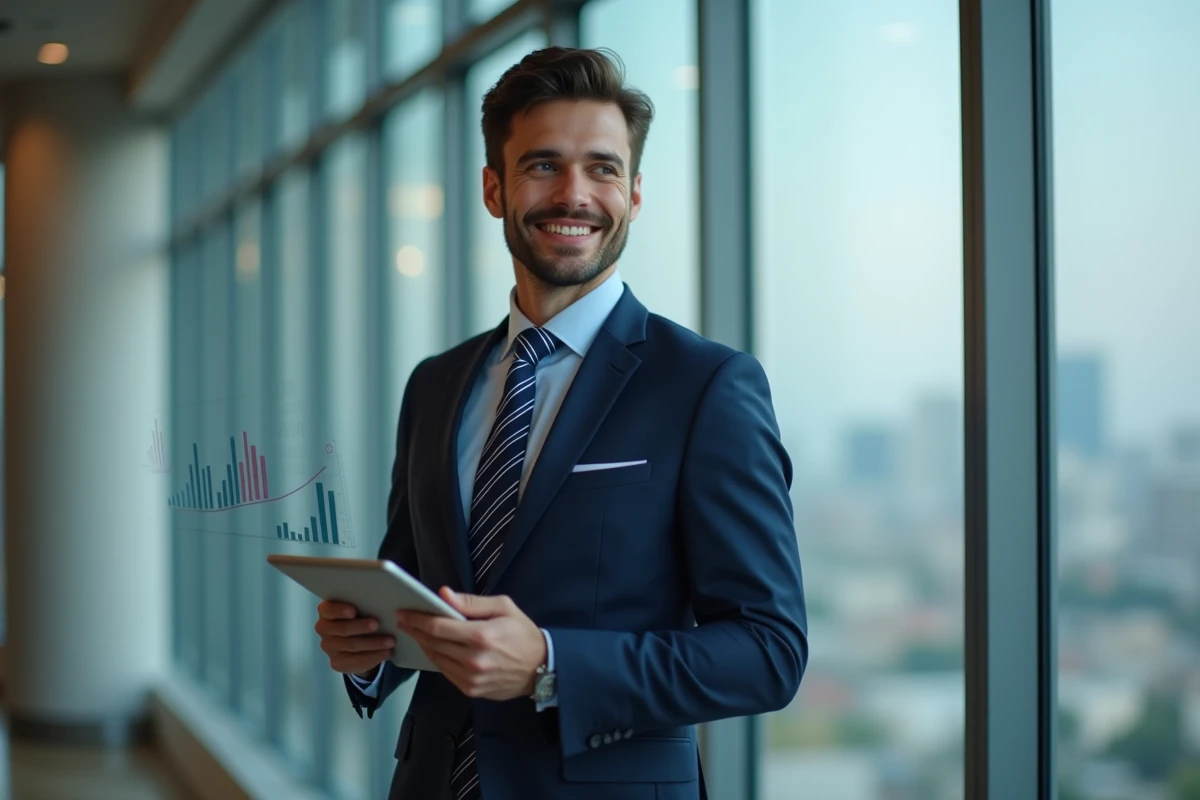 Jeune analyste financier souriant avec tablette en ville