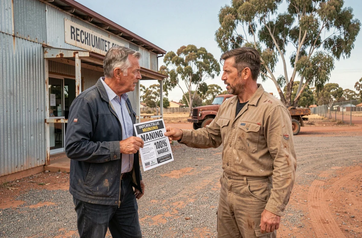 Deux hommes en discussion tendue devant un bureau de recrutement minier dans une ville reculée d'Australie, examinant un flyer d'offre d'emploi douteuse