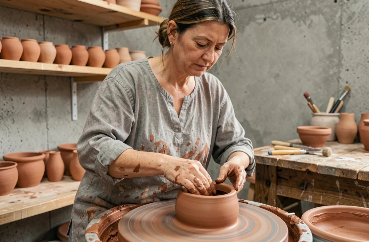 Artisane céramiste façonnant un pot en argile sur un tour de potier dans un studio artisanal contemporain