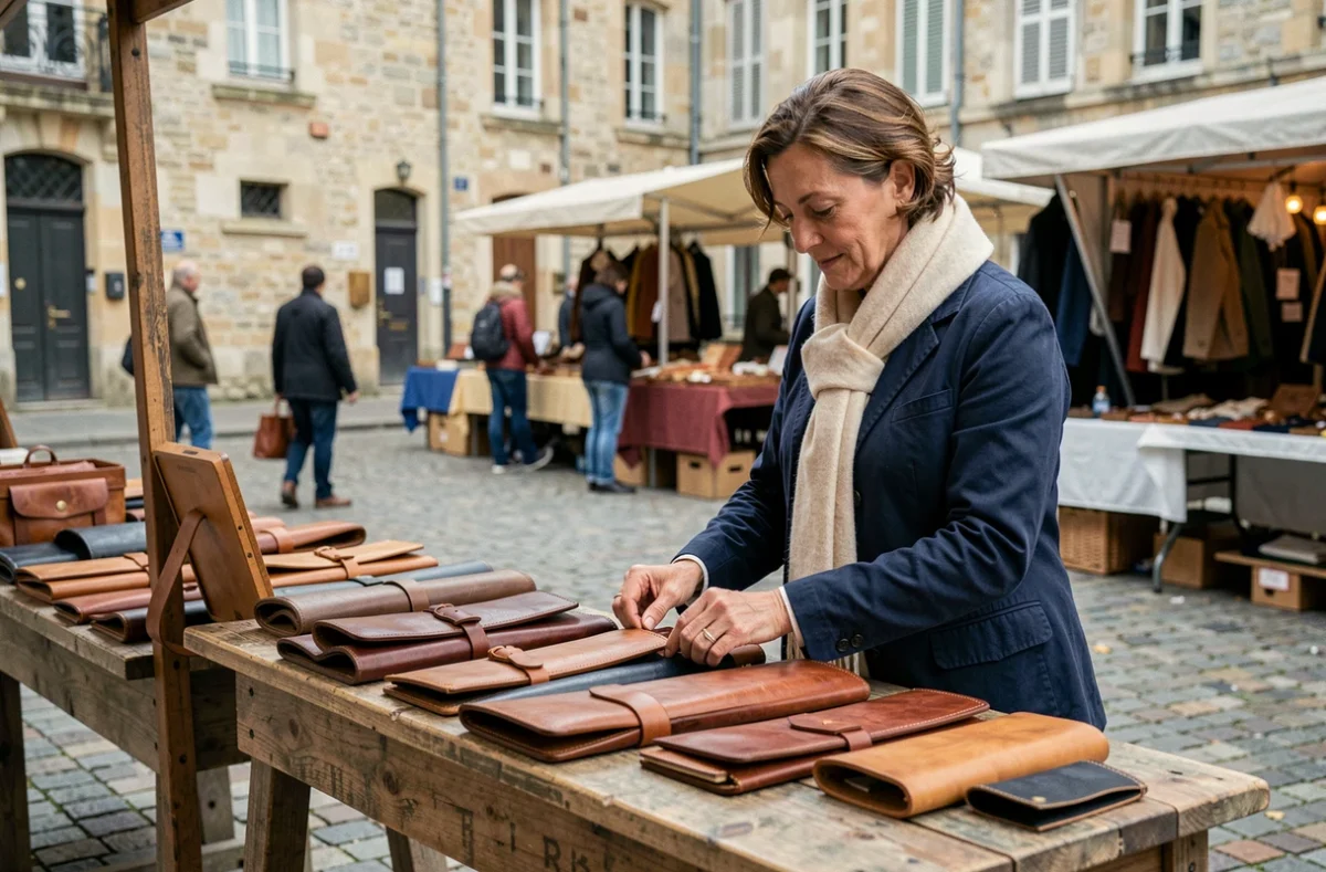 Artisane maroquinière présentant ses créations en cuir sur un étal de marché artisanal en place de village