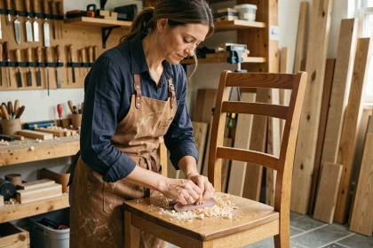 Artisane menuisière ponçant une chaise en bois dans son atelier, tablier en cuir et outils artisanaux visibles en arrière-plan
