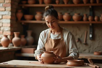 Artisane potière inspectant une pièce en terre cuite dans un atelier traditionnel de terrerie