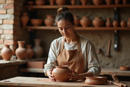 Artisane potière inspectant une pièce en terre cuite dans un atelier traditionnel de terrerie