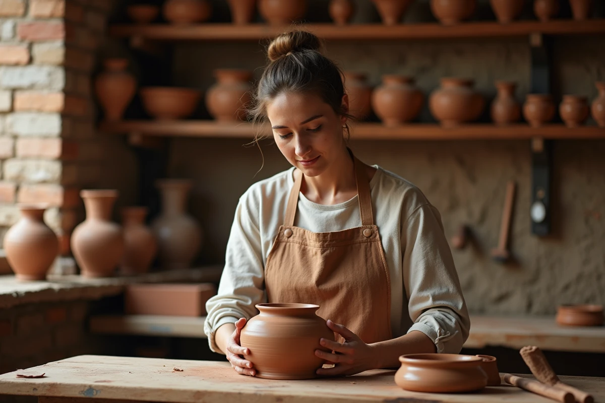Artisane potière inspectant une pièce en terre cuite dans un atelier traditionnel de terrerie