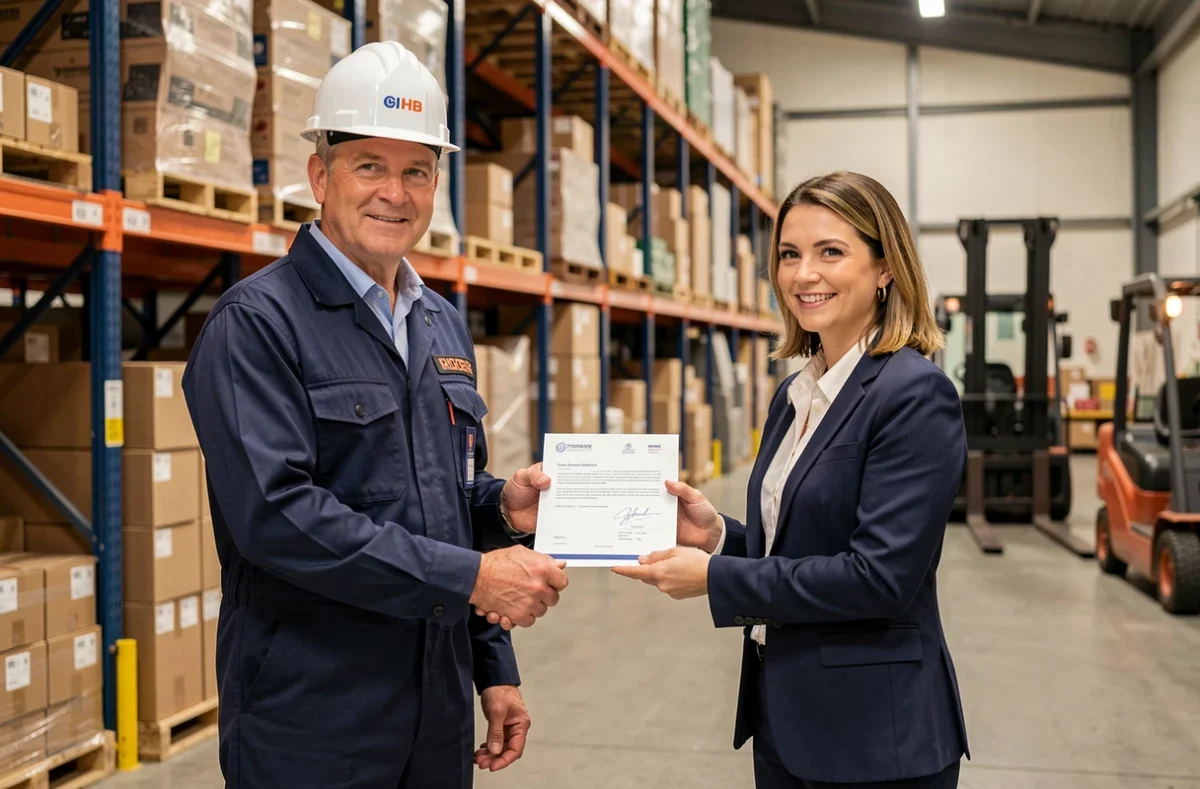 Consultant de l'agence Artus Intérim remettant un contrat à un ouvrier dans un entrepôt logistique en Centre-Val de Loire