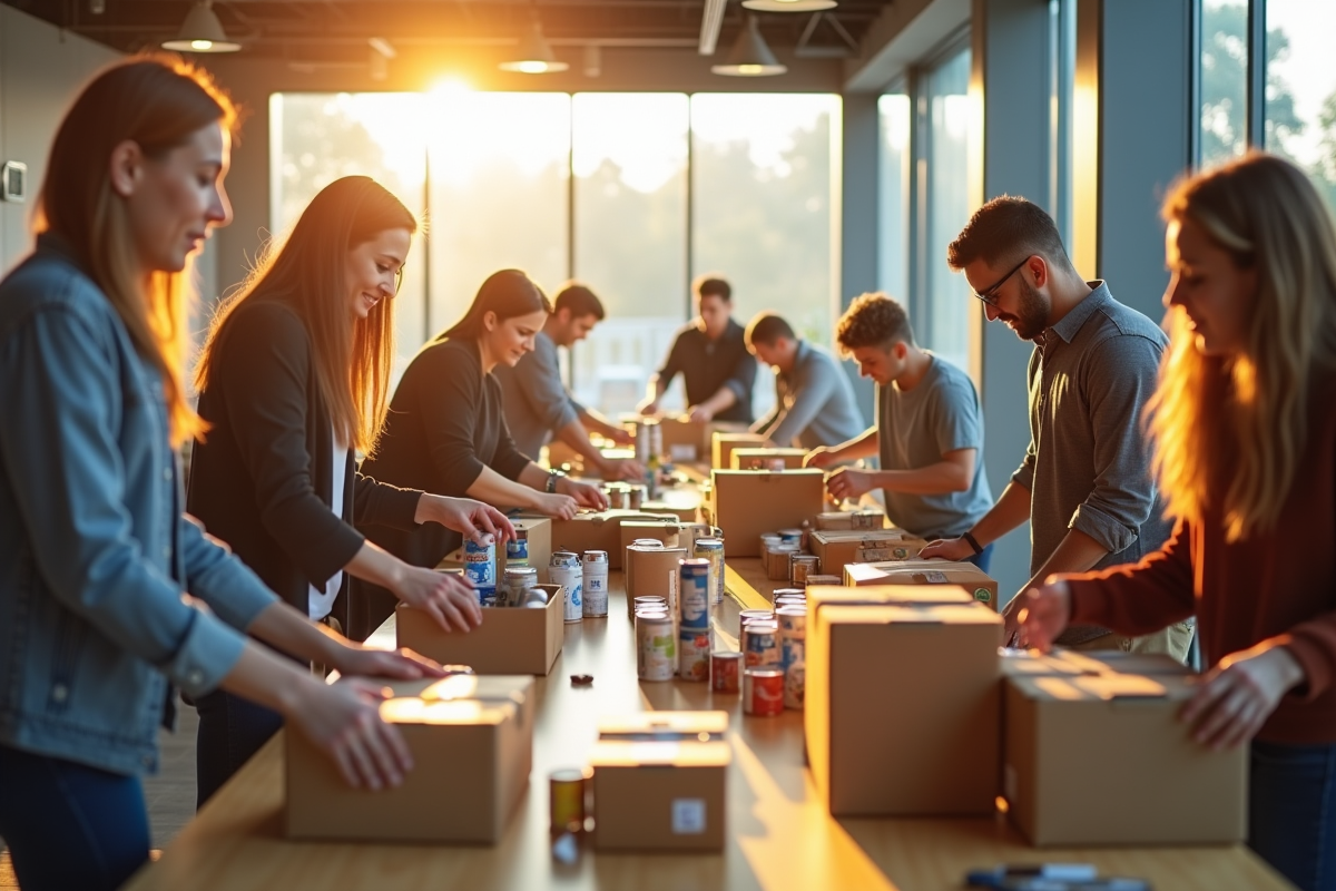 Employes préparant des colis de charite au bureau