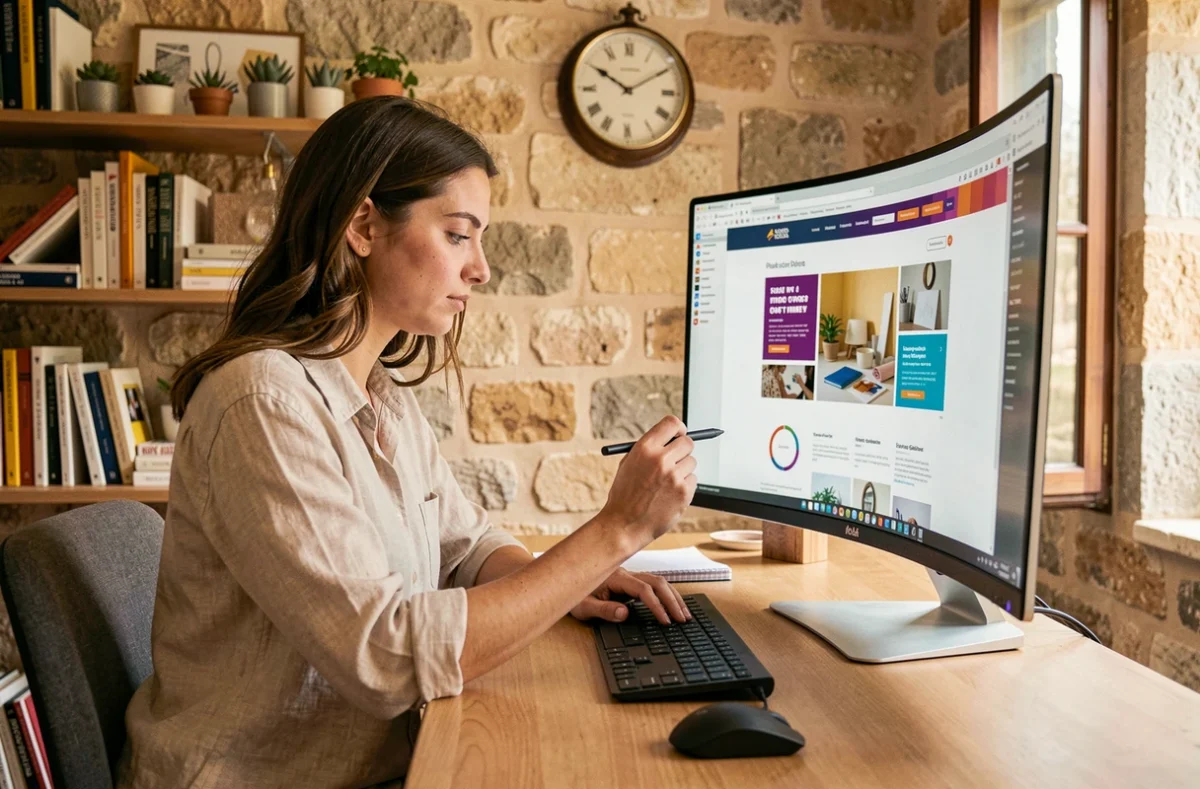Designer de l'agence Attraptemps travaillant sur la création d'un site internet dans un studio créatif chaleureux