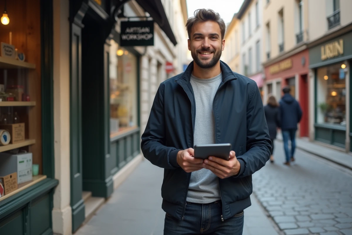 Jeune auto-entrepreneur de moins de 26 ans devant sa boutique artisanale consultant une application de gestion financière sur tablette