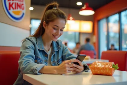 Jeune femme complétant un avis client Burger King sur son smartphone dans un restaurant