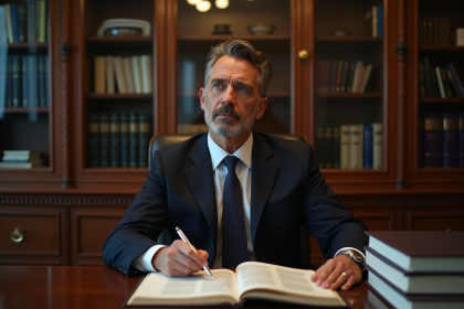 Avocat sérieux en costume dans son bureau avec code civil
