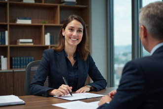 Femme avocate en costume bleu dans un bureau moderne
