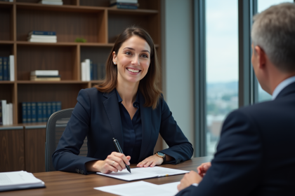Femme avocate en costume bleu dans un bureau moderne
