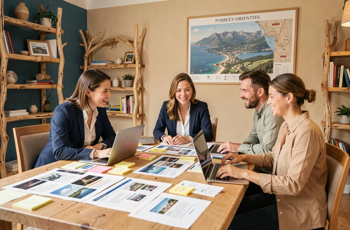 Équipe de Bassin Web en séance de brainstorming autour de maquettes de sites internet dans un bureau aux tonalités côtières
