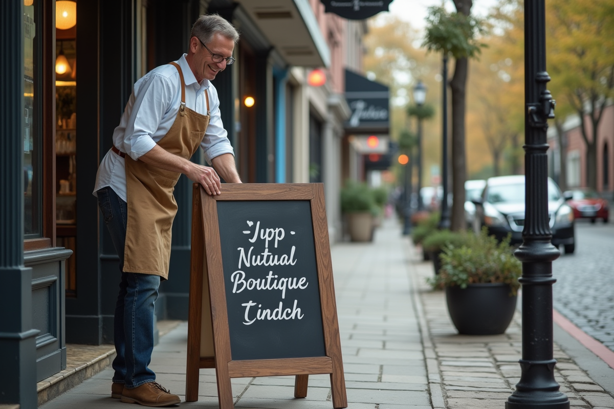 Commercant posant un panneau avec slogan devant sa boutique