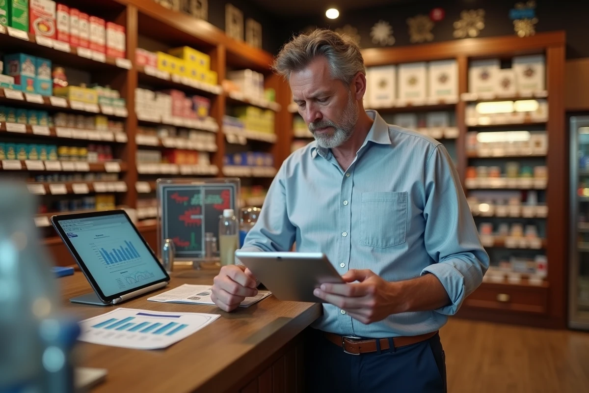 Buraliste masculin consultant ses performances de vente FDJ sur une tablette dans un tabac traditionnel français