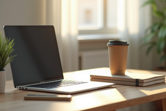 Bureau moderne avec ordinateur et plantes pour un espace de travail écologique
